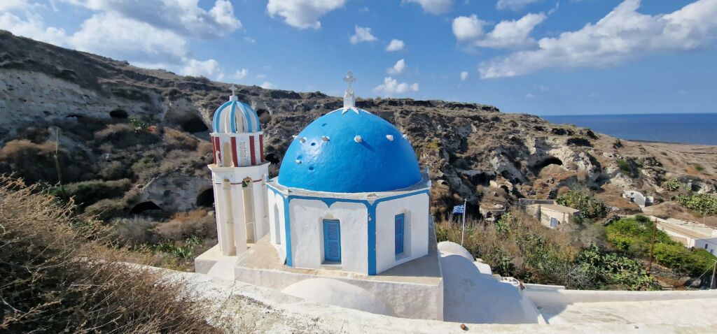 A blue-domed church in Thirassia island